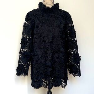 Tuckernuck Black Guipure Lace Faye Blouse sz L Sleeveless Top Ruffle Bow Tie EEU